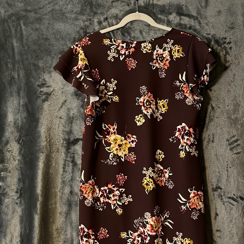 Plum purple floral midi dress with ruffle cap sleeves